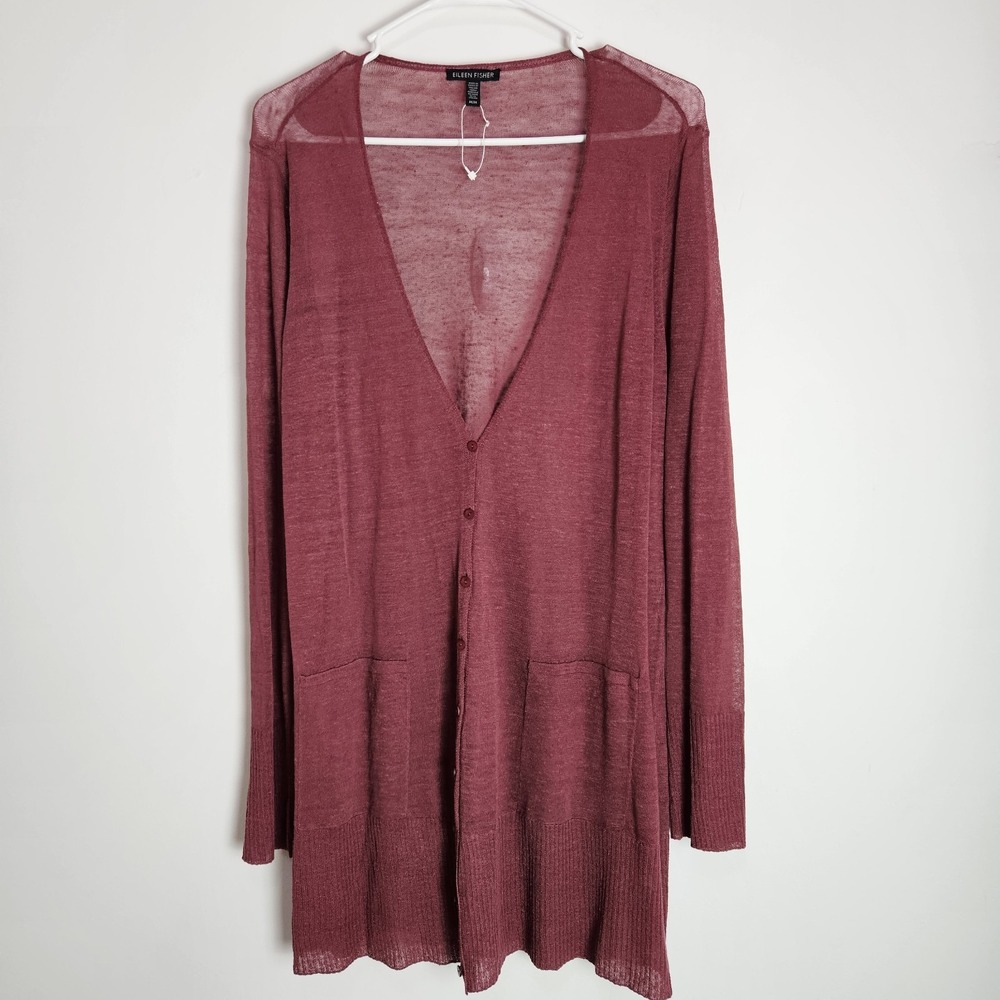 Eileen Fisher Cardigan Sz M V-Neck Button Front Long Line Lightweight Hemp Nylon